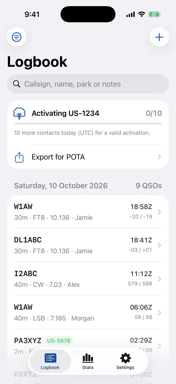 The logbook, grouped by UTC day, with a POTA activation in progress