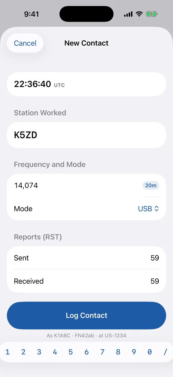 Logging a contact with the UTC clock, band from frequency and a callsign lookup